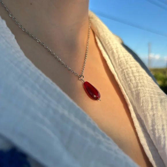 Red Teardrop Necklace with Silver Chain - Picture 2 of 5